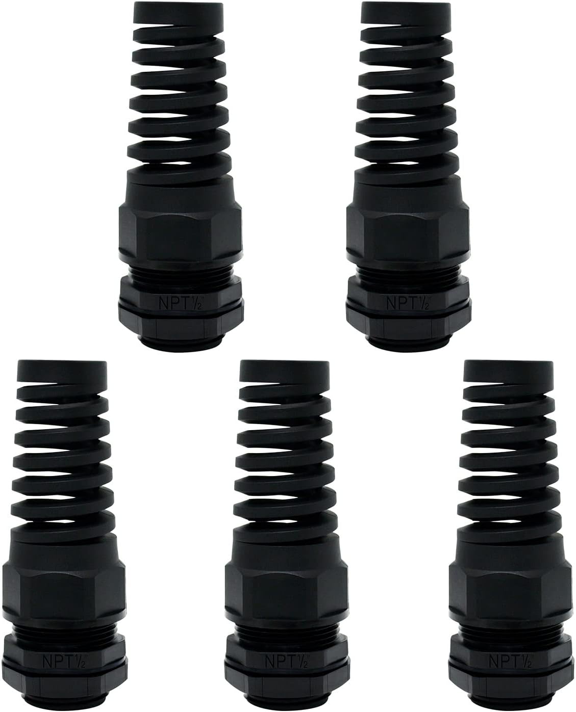 LeMotech 5Pcs NPT 1/2" IP68 Waterproof Cable Gland Flex Spiral Strain Relief Black Nylon Joint with Gaskets for 6-12mm Wire Thread