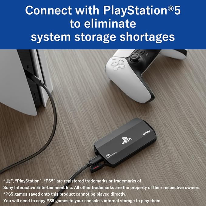 BUFFALO External SSD 1.0TB Officially Licensed Product, Compatible with PS 5 / PS 4 Consoles - USB3.2 Gen2 Type A and C - Portable Anti Shock IP55 Dust and Water Resistant SSD-PHO1.0U3B