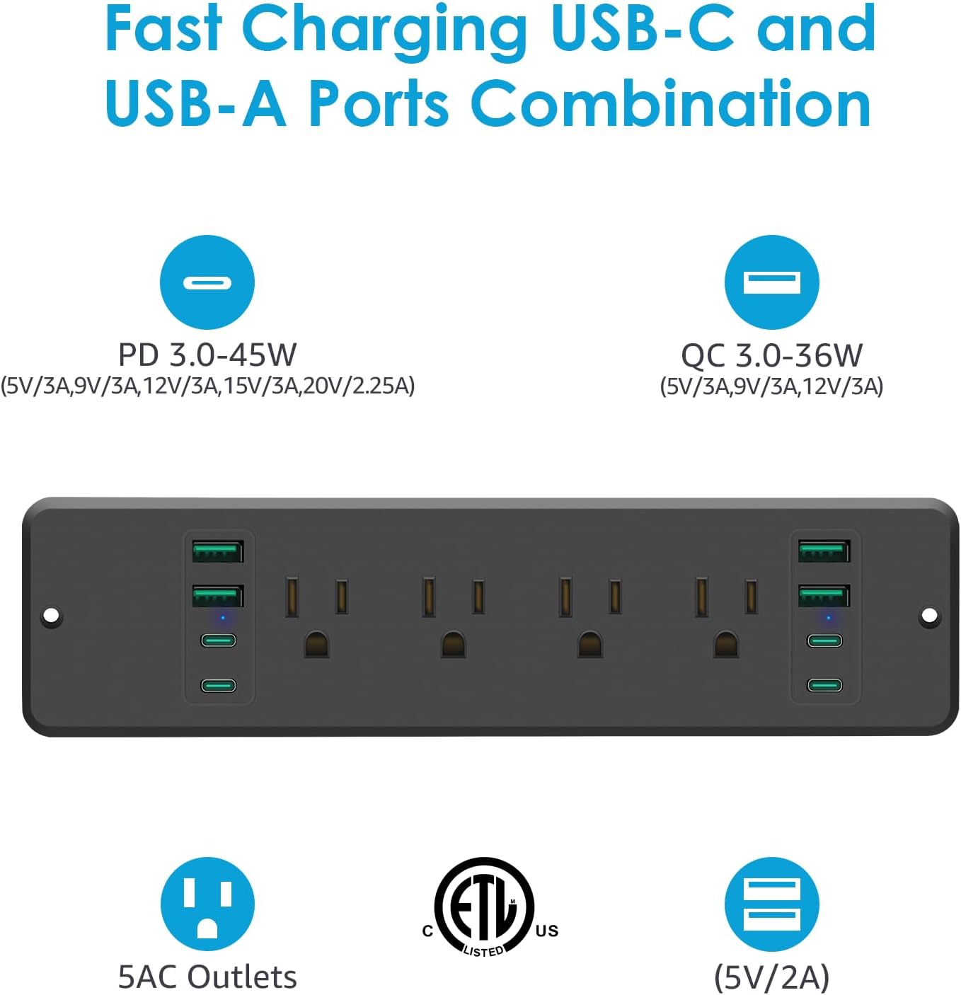 HHSOET 16 in 1 Recessed Power Strip Flat Plug, 45W Fast Charging Furniture Outlet with USB, Conference Recessed Surge Protection with 8 AC Plugs, 4 USB Ports 4 USB-C, 10ft Power Cord.(Black)