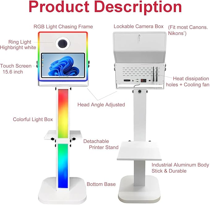 Photo Booth with Printer, Portable Selfie Photobooth Machine 15.6-in Mirror Touch Screen for Events Wedding Birthday School Party Rental RGB Lights Stand (Black Color+ Printer No Camera)