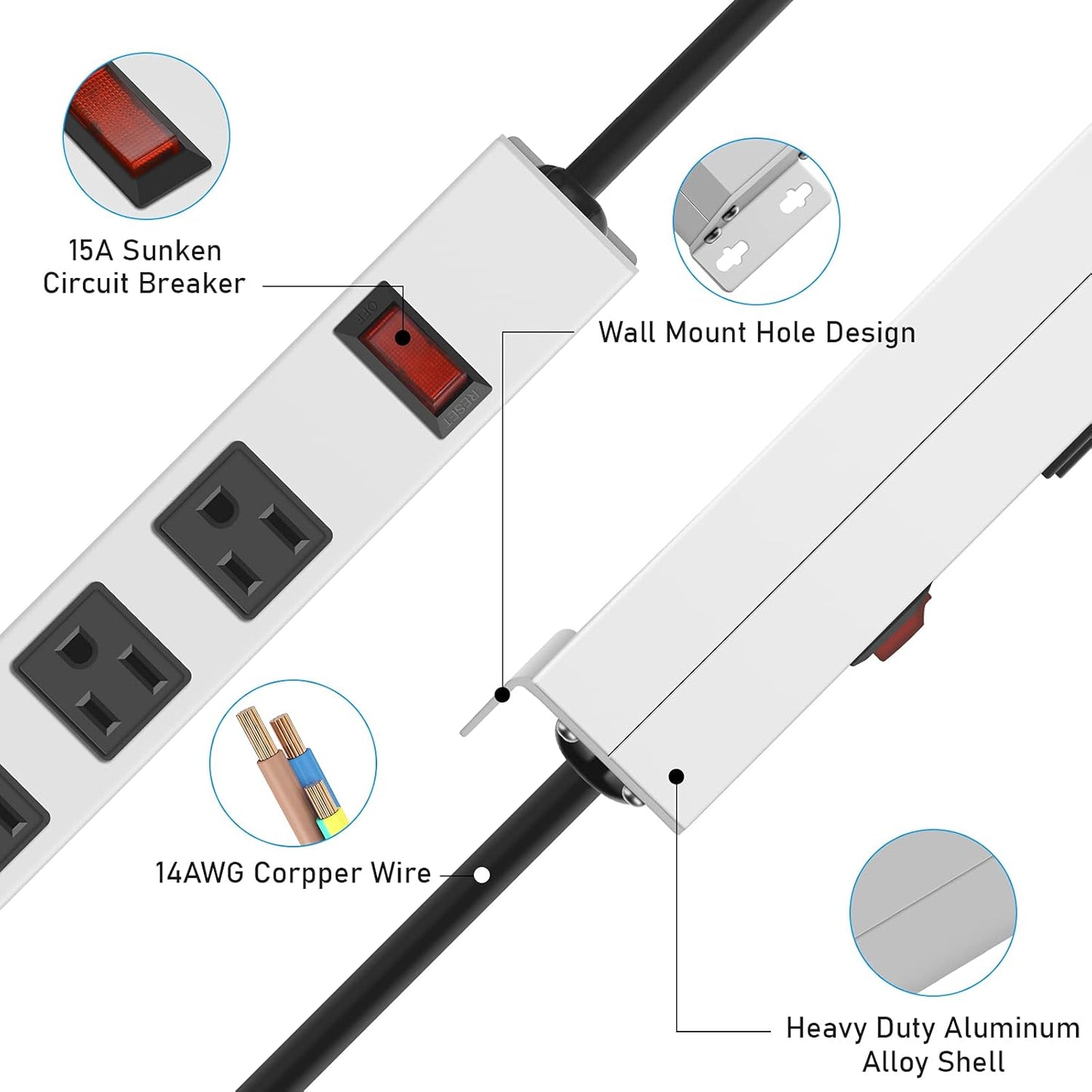 JUNNUJ Metal 12 Outlet Power Strip, Mountable Heavy Duty Power Strip, 1200J Surge Protector Wall Mount Screws Outlet with Switch, Gaming Desk Strips Wide Spaced 15A 125V 1875W, 10 FT 14AWG Power Cord
