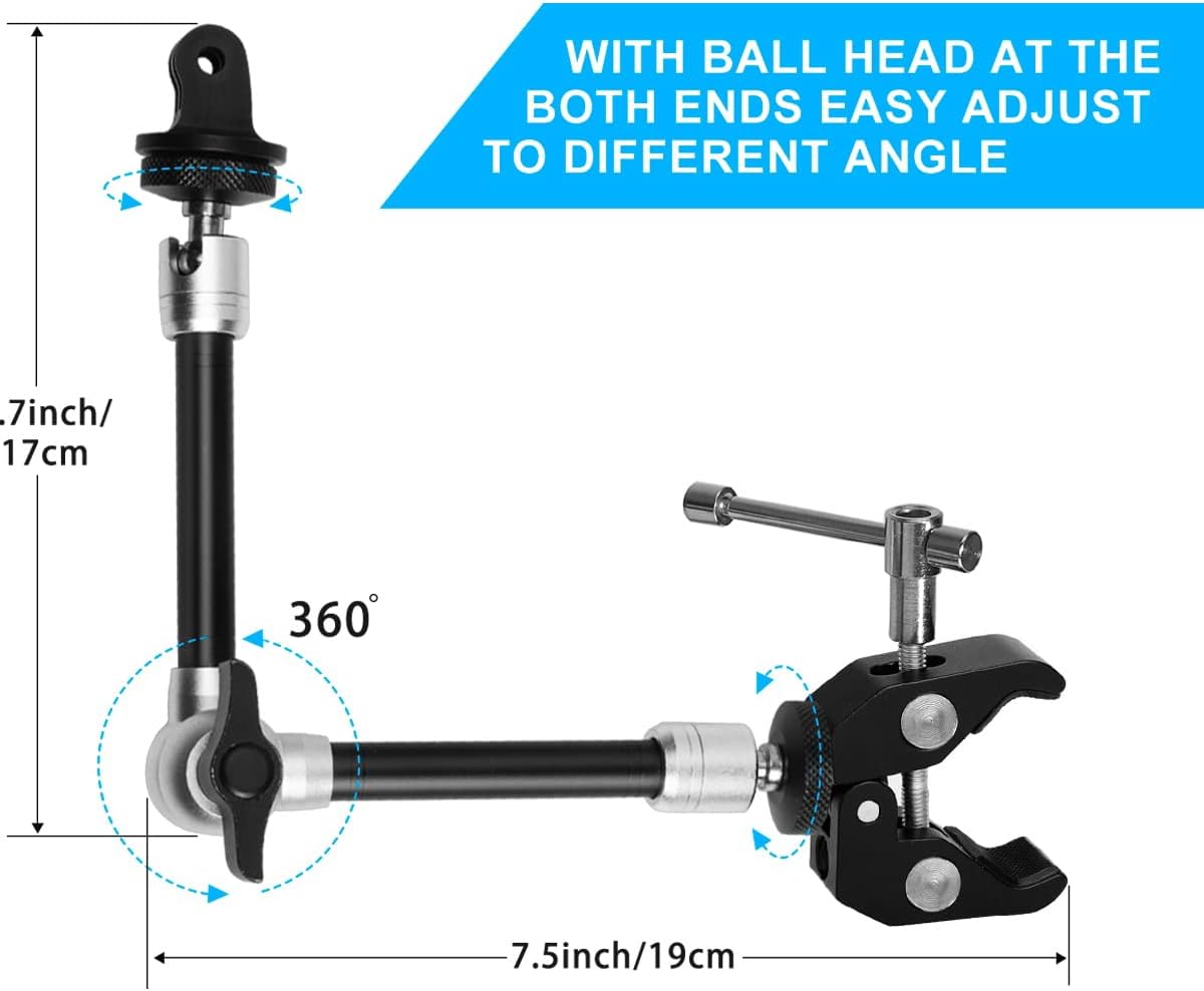 11" Adjustable Magic Arm DSLR Mirrorless Action Camera Camcorder Smartphone LCD Monitor Video Vlog Rig w/Clamp Holder Mounts fit for GoPro iPhone