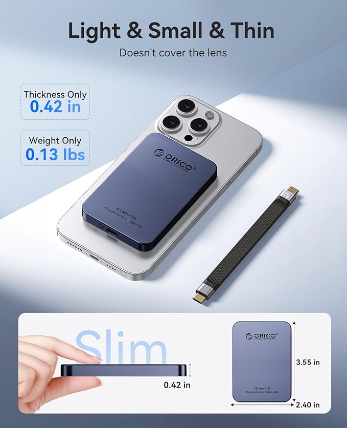 ORICO 1TB Magnetic External SSD, Aluminum Alloy, Up to 460MB/s, External Solid State Drive, Expand Storage for iPhone 17 Pro Max, Compatible w/MagSafe, USB-C Smartphones - K5MINI Blue