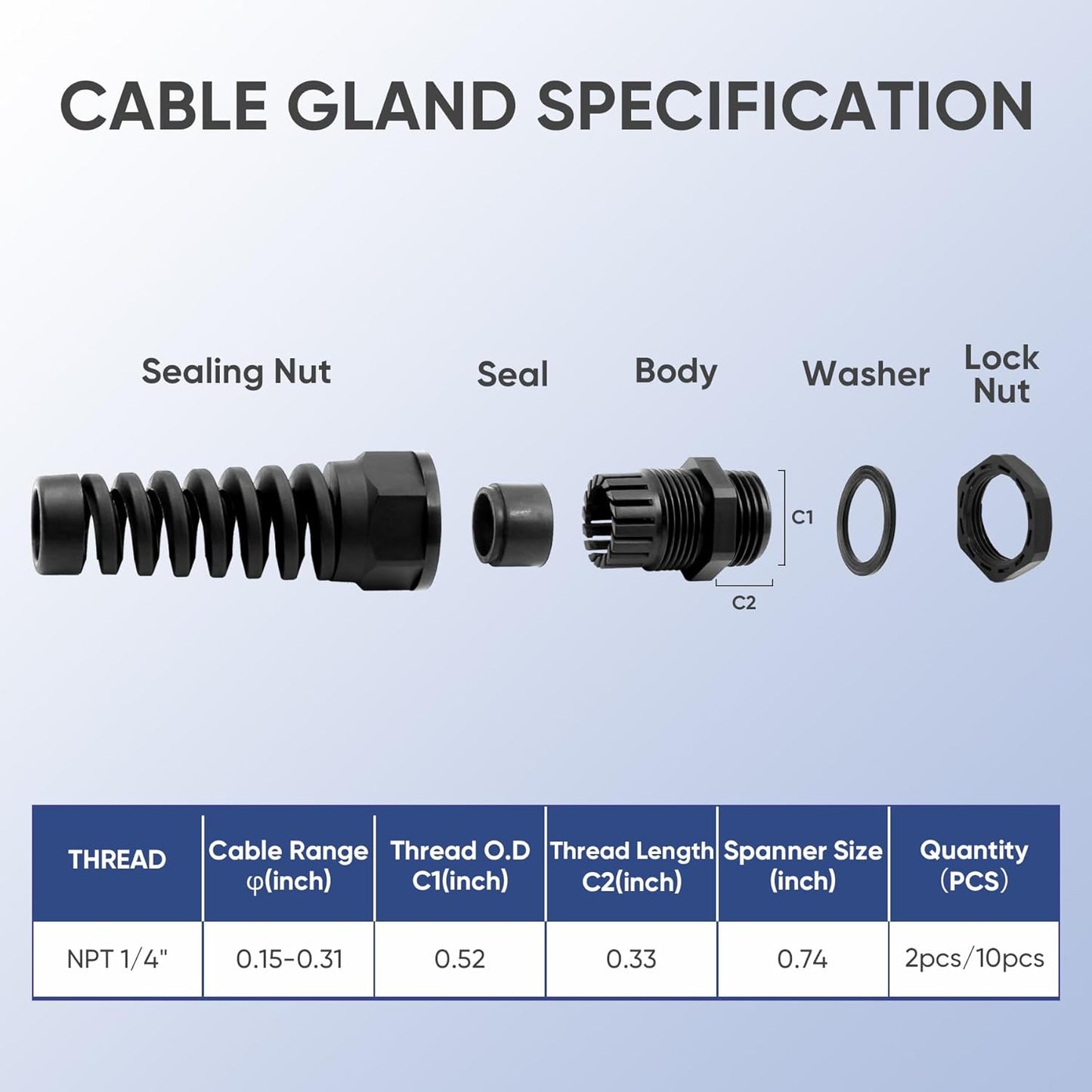 Strain Relief Cord Connector,LISTENJIALE 2Pcs NPT 1/4" Waterproof Cable Gland Flex Spiral Strain Relief Adjustable 4-8mm Cable Connector Nylon Joint with Gaskets(Black)