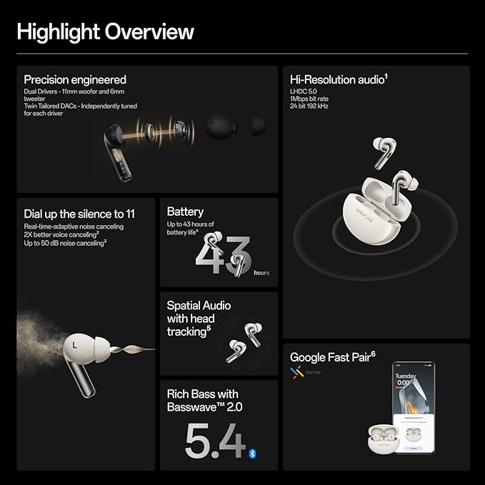 OnePlus Buds Pro 3, Wireless Bluetooth Earbuds, Noise Canceling Earbuds, Deep Bass, Immersive Sound, Up to 44 Hour Playtime with Charging case, Midnight Opus