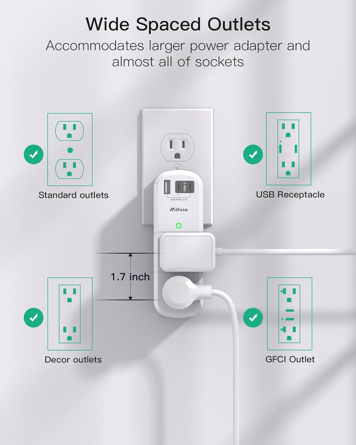 PD30W USB Outlet Extender Surge Protector - with Rotating Plug, 6 AC Multi Plug and 3 USB Ports (2 C), 3-Sided Swivel Power Strip Spaced Splitter for Home, Office, Travel