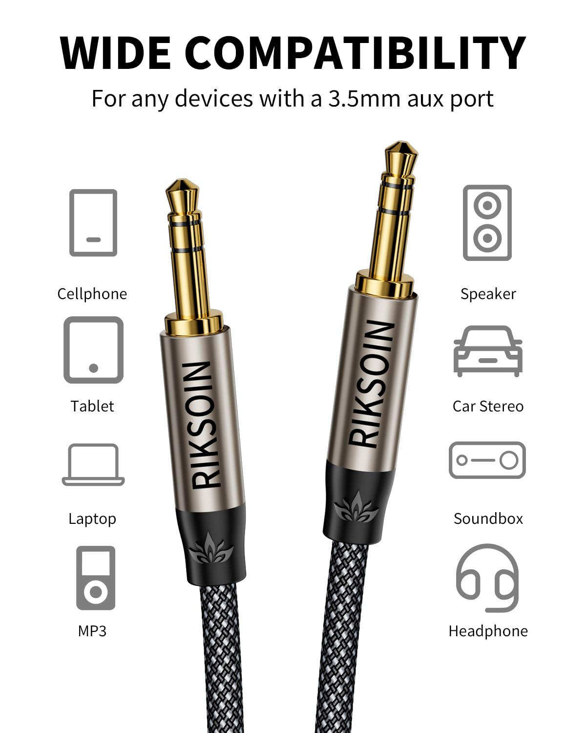 3.5mm Nylon Braided Aux Cable, Silver-Plated Wire Core Male to Male Cord for Headphones Car Home Stereos Speaker Compatible with iPhone iPad iPod Echo More-10FT