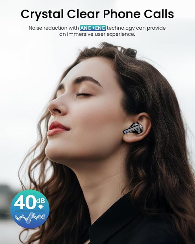 ZIUTY Wireless Earbuds Bluetooth Headphones, ANC/ENC Noise Cancelling, Ear Buds with Multifuntional Touch Screen, 40H Stereo Sound for Sports, IPX7 Clear Calls, 5 EQ for iOS Android(Black)