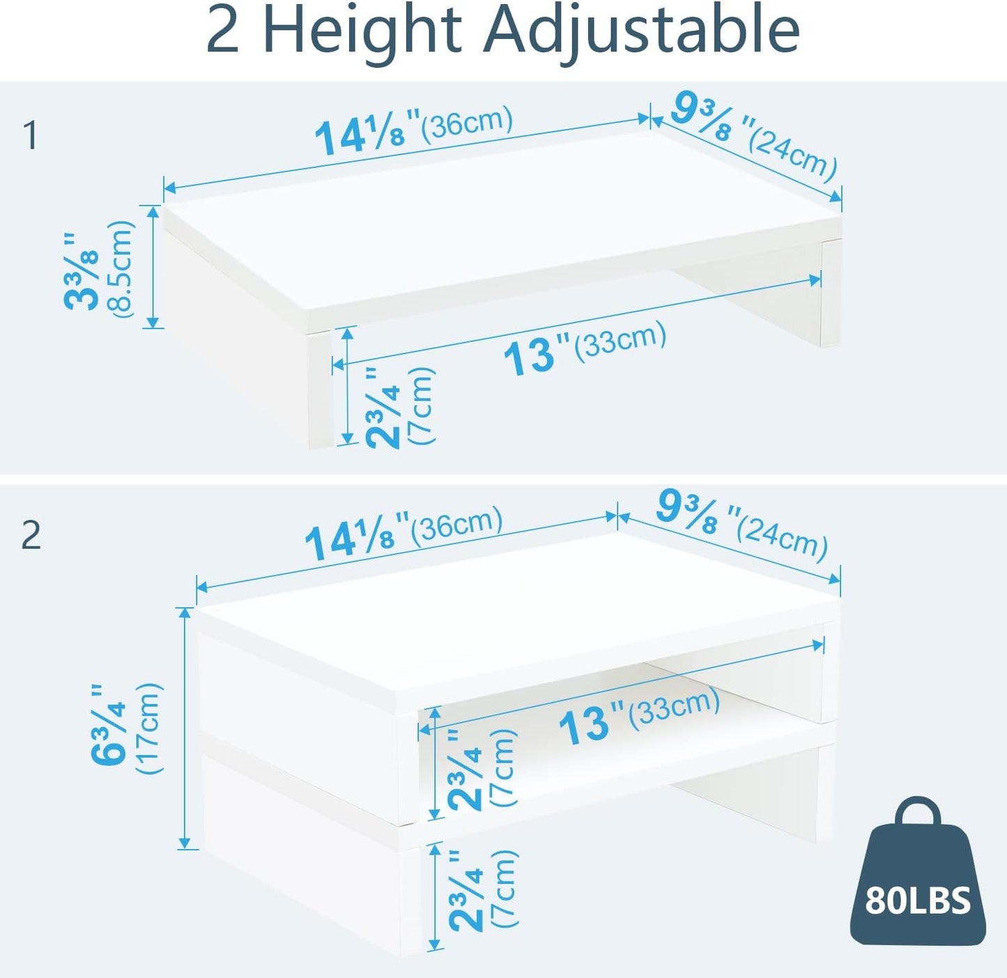 TEAMIX White Monitor Stand Riser - 2 Pack, Wood 2 Tier Adjustable Dual Monitor Riser for Laptop/PC Computer Stand for Desk