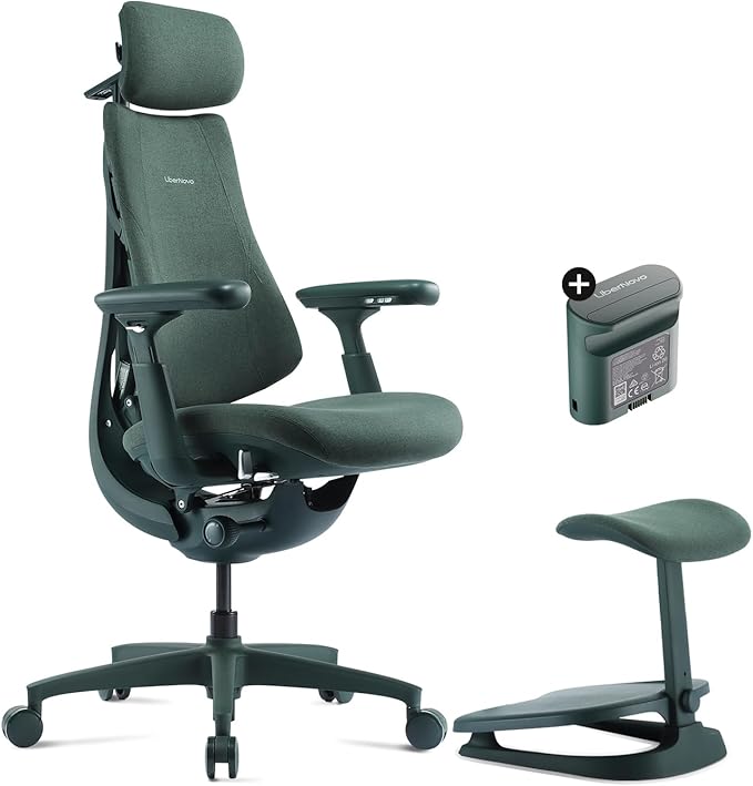 LiberNovo Dynamic Ergonomic Desk Chair + StepSync Footrest + Extra Battery Bundle - Comfy Home Office Chair with Adaptive Lumbar Support, 160° Recline & Built-in Spine Stretch, Green+45cm