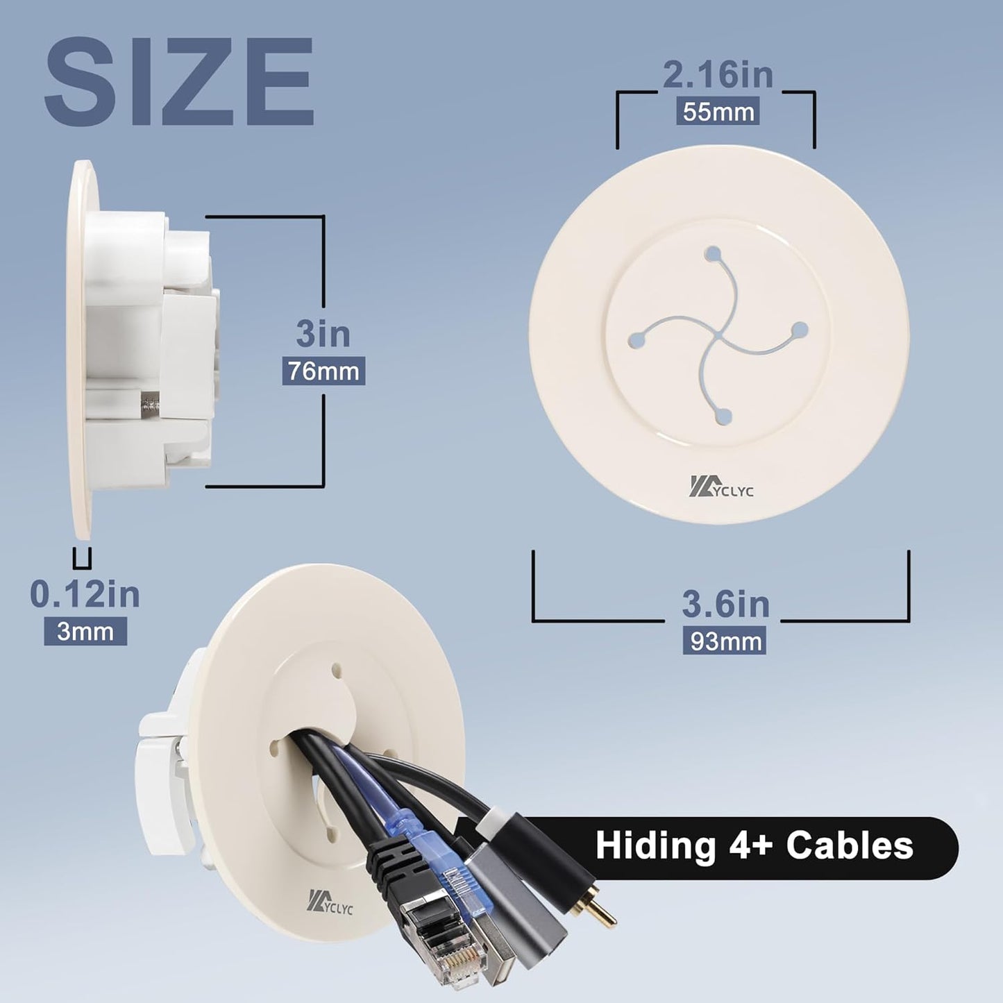 3in TV Cable Hider Wall Kit, YCLYC Large TV Cord Hider for Wall Mounted TV, TV Cord Covers for Wires on Wall Kit, Behind in Wall Cable Management Kit, Off White TV Wire Hider for Wall (2Pack)