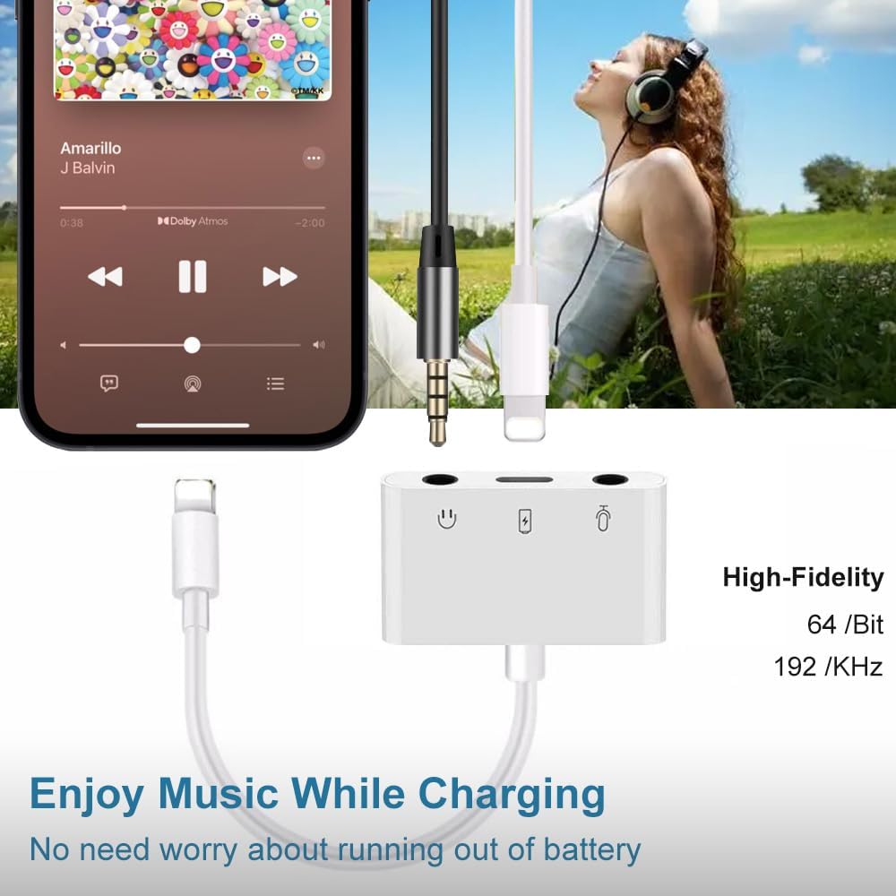 Microphone & 3.5mm Headphone Adapter for iPhone Microphone Adapter for Live-Streaming with Charging Port Lighting to Audio & MIC Adapter Compatible with iPhone/iPad