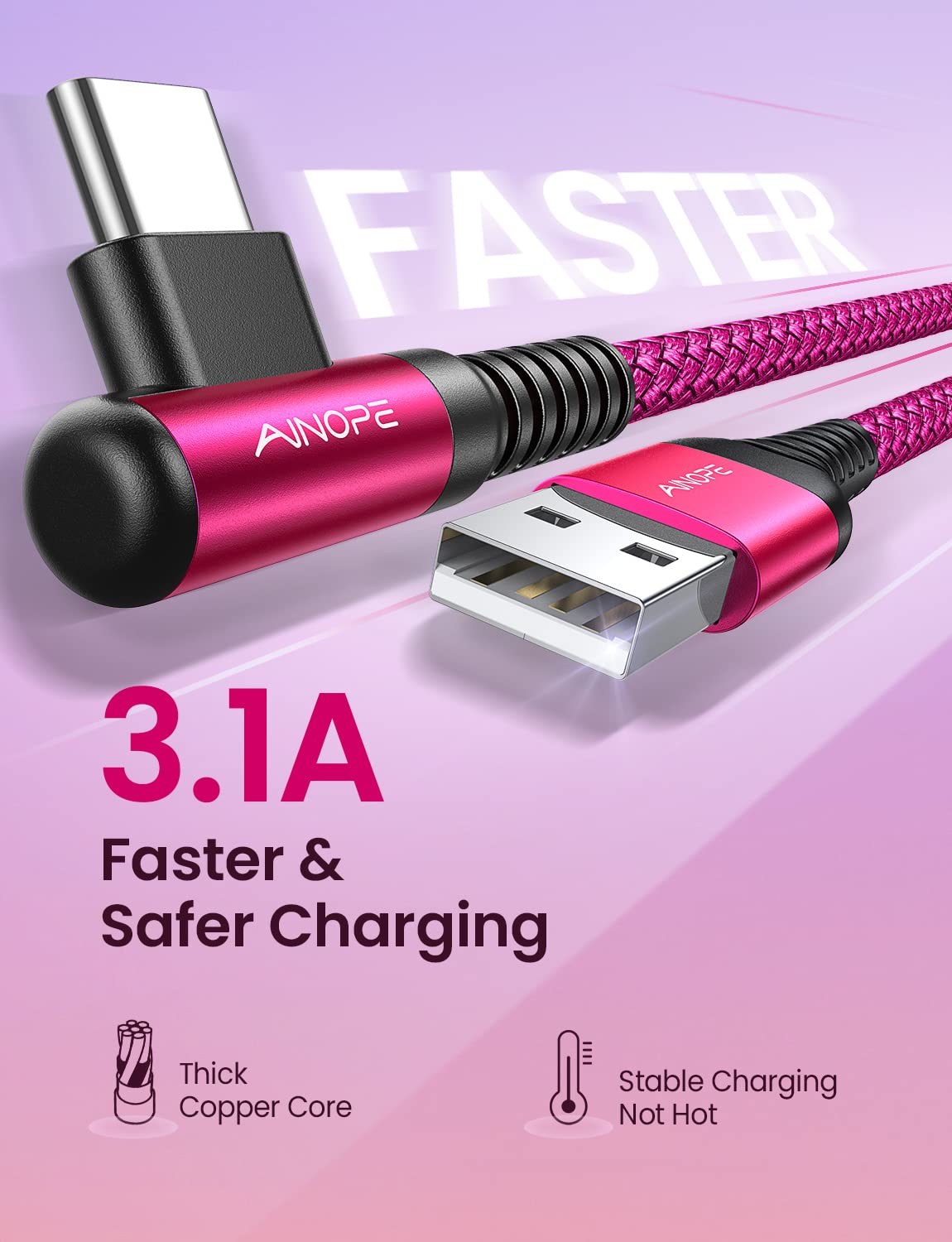 AINOPE USB C Cable [4-Pack, 3.1A] Type C Charger Fast Charging, Right Angle [10/6.6/3.3/3.3ft] USB A to USB C Cable Nylon Braided Compatible with Galaxy S22 S10 Plus S21 S20, Note 10, LG Google Pixel