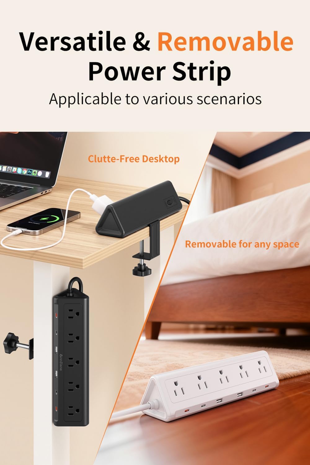 6.5 FT Desk Clamp Power Strip with 5 AC Outlets & 6 USB Ports PD 40W USB-C Fast Charging, 1250J Surge Protector, Fits 2.6 in top Edge Black