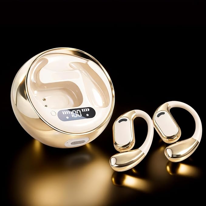 Open Ear Earbuds Wireless Earbuds Bluetooth 5.4, LED Display Bluetooth Earphone for Workout/Running, AI Noise Reduction Touch Controls, 72hr Playtime,Waterproof(Gold)