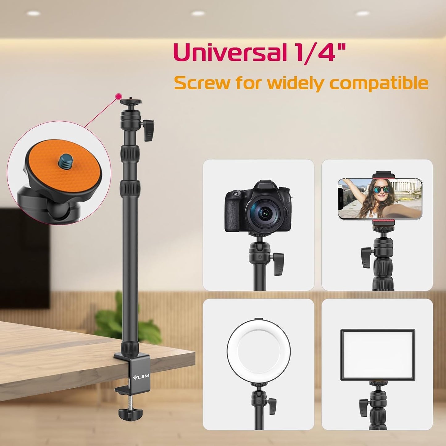 PICTRON LS10 Camera Desk Mount Table Stand with 1/4" Ball Head, 16"-33.8" Adjustable Light Stand, Tabletop C Clamp Arm for DSLR Camera, Ring Light, Live Streaming, Photo Video Shooting