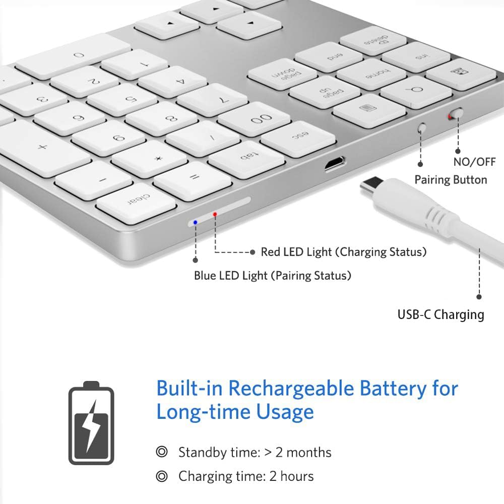 Bluetooth Number Pad, Wireless Numeric Keypad, USB-C Rechargeable External 34-Keys Numpad, Financial Data Entry Keyboard for iMac, MacBook Air/Pro, PC Desktop, Laptop Notebook(Silver)