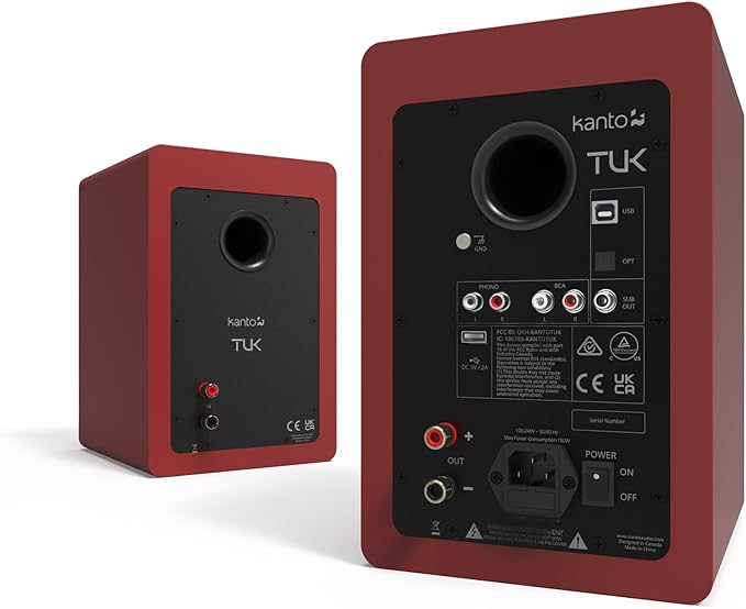 Kanto TUK Powered Speaker with Headphone Out | Built-in USB DAC | Dedicated RCA with Phono Pre-amp | Bluetooth | AMT Tweeter | 5.25" Driver | Pair | Matte Red