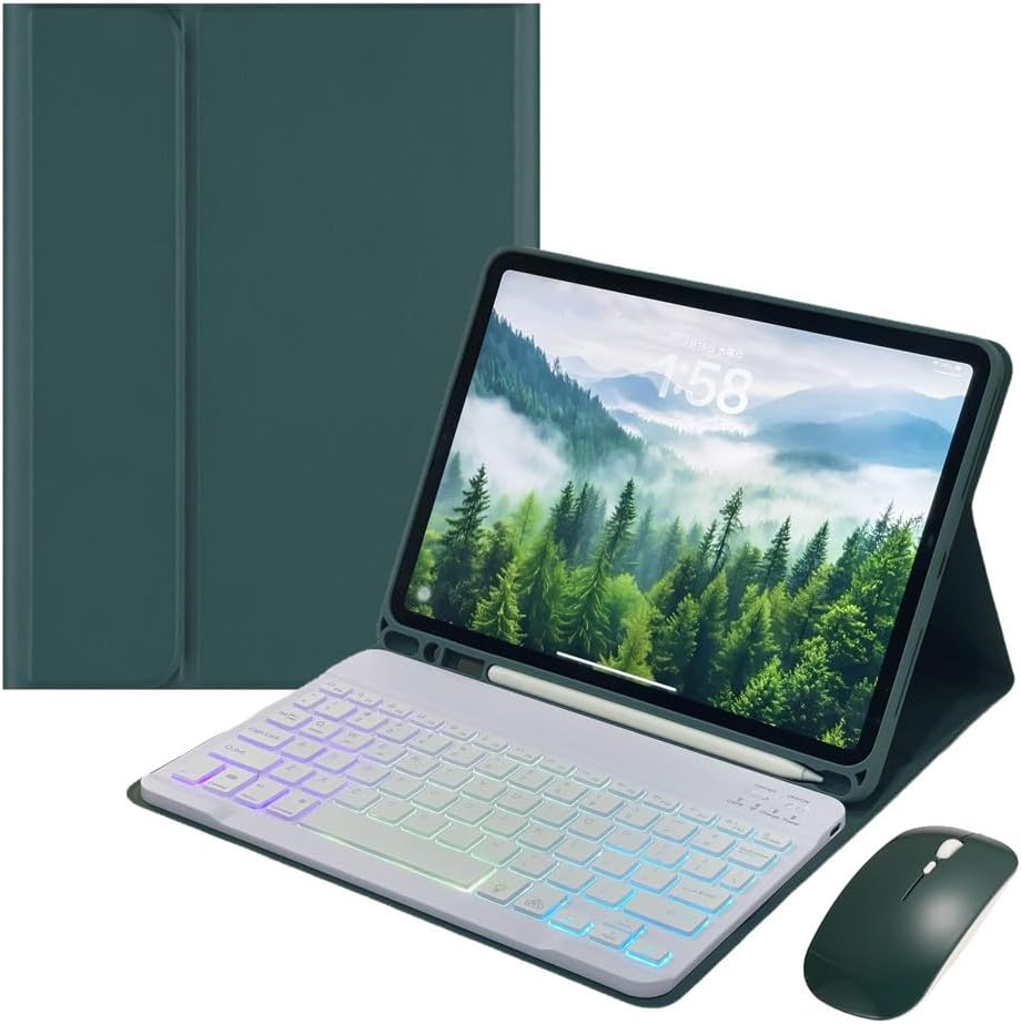 Keyboard Case for iPad Air 11-inch M3/M2 (2025/2024)/ Air 5th 4th Generation 10.9" with Mouse and Rainbow Backlit Magnetic Detachable Bluetooth Keyboard Cover,Dark Green+White