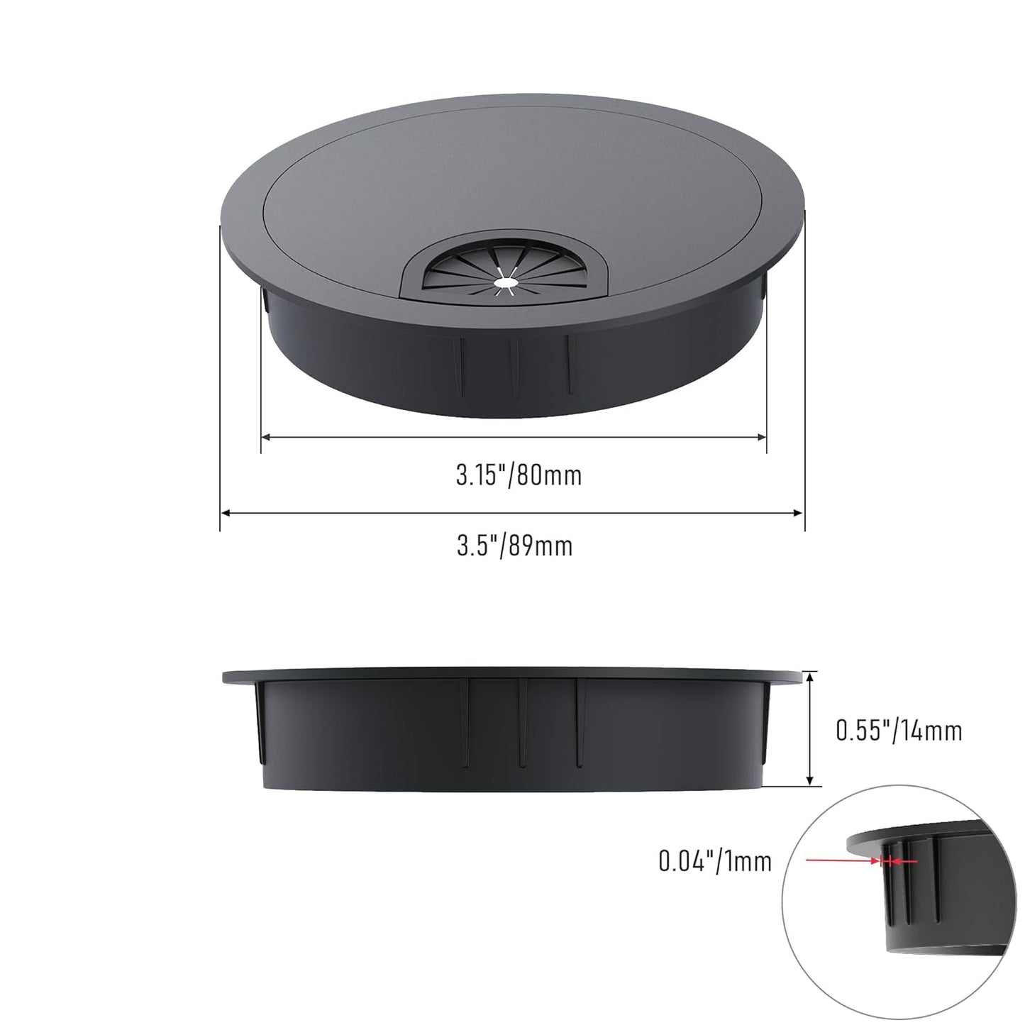 2 Pack Desk Grommet 3-1/8 Inch 80mm, Zinc Alloy Computer Desk Wire Hole Cover, Office Desktop Cord Cable Hole Metal Ring, Black