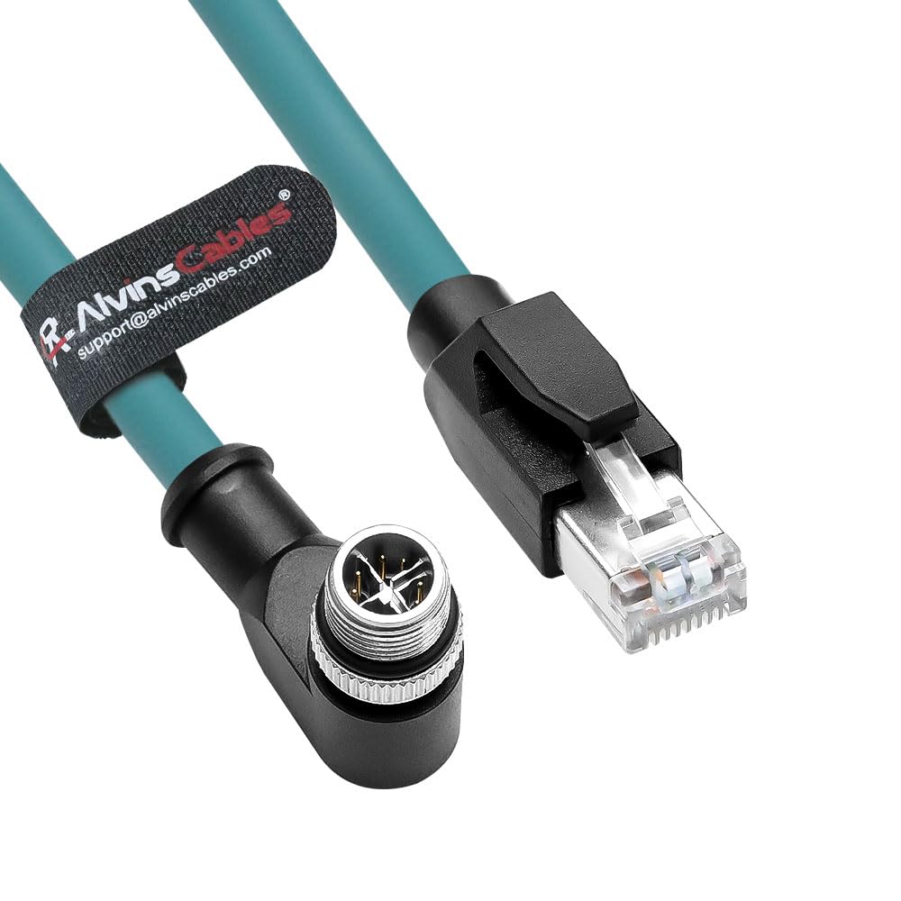 Alvin's Cables M12 X-Code 8 Pin Male to RJ45 Ethernet Cable for Cognex Keyence Camera, High-Flex Cat6a Cable for Industrial Automation, Fieldbus Module, Robotics, Right Angle 6.6ft/2m Green