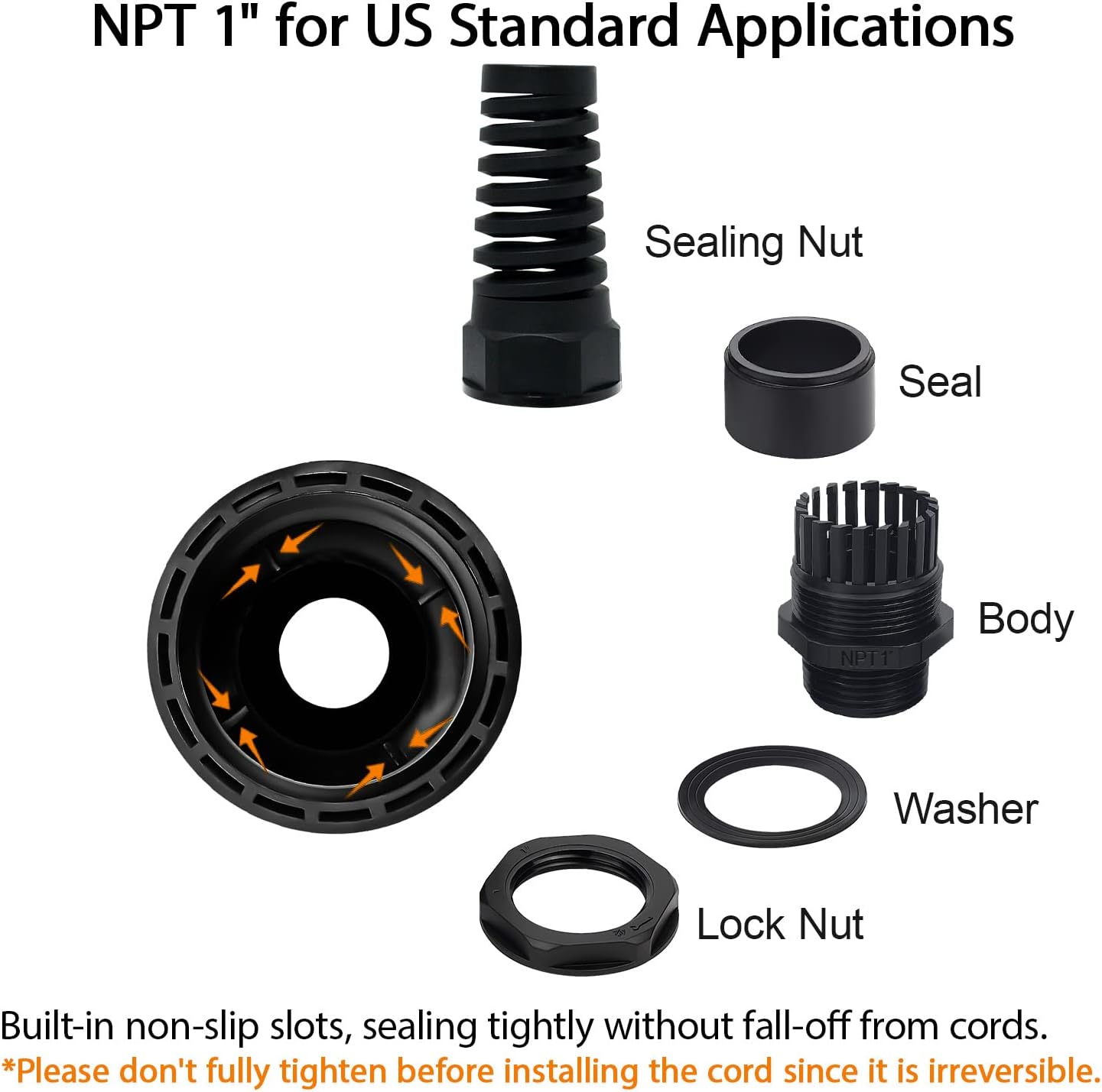 LeMotech 2Pcs NPT 1" IP68 Waterproof Cable Gland Flex Spiral Strain Relief Black Nylon Joint with Gaskets for 18-25mm Wire Thread