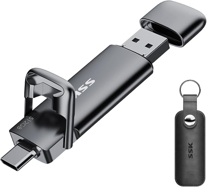 SSK 512GB Dual USB C Flash Drive, 2-in-1 Type C+USB A 3.2 Gen2 External Solid State Thumb Drive,Speed Up to 550MB/s Memory Stick Data Storage for iPhone 15/16/17/Android Phone/Tablet/MacBook/Windows