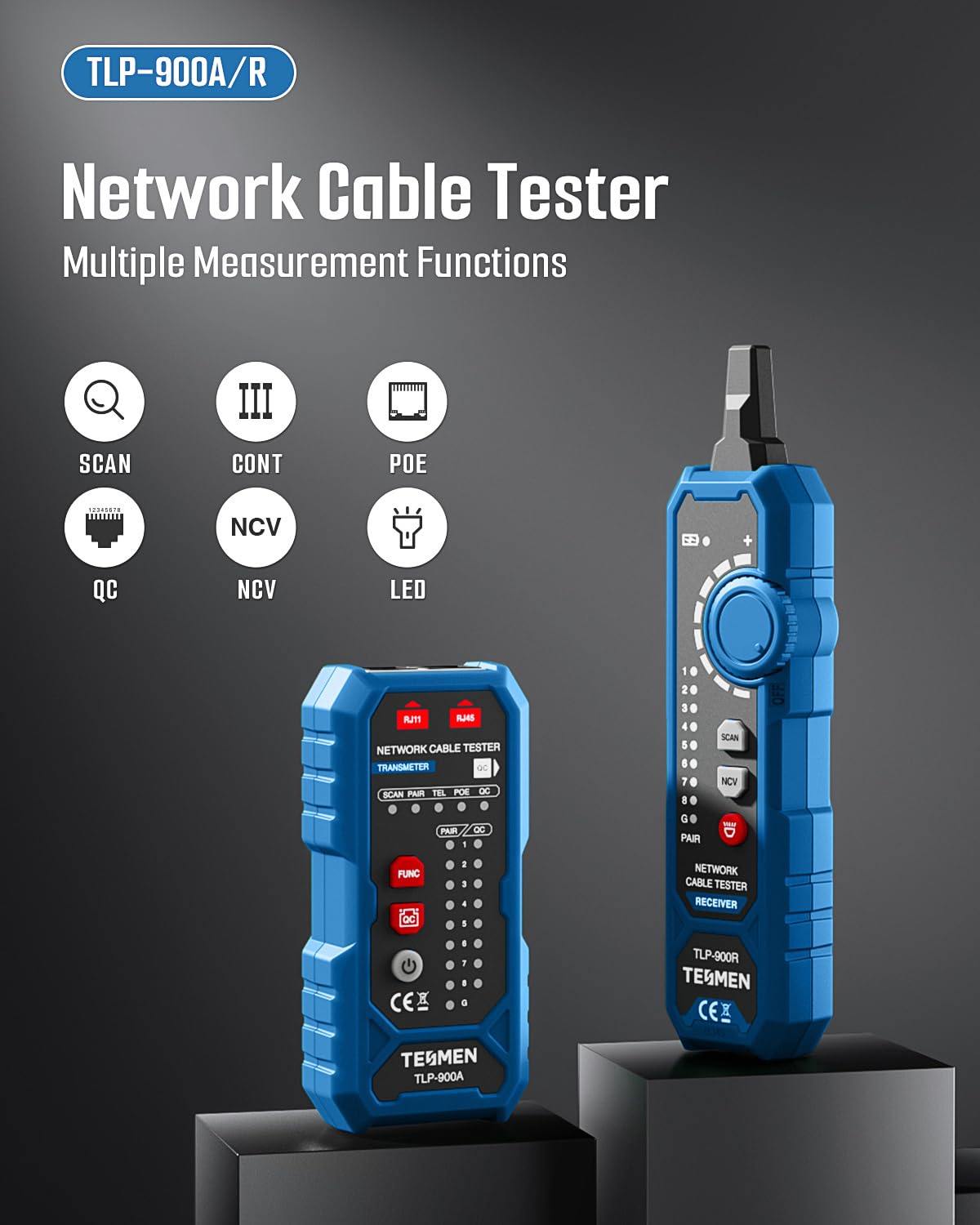 TESMEN TLP-900AR Network Cable Tester, Multi-Function Cable Tracer with Pairing, Continuity, QC&NCV, RJ11 RJ45, for CAT5/6/POE/STP, Suitable for Ethernet, Telephone, Wire Maintenance and Sorting-Blue