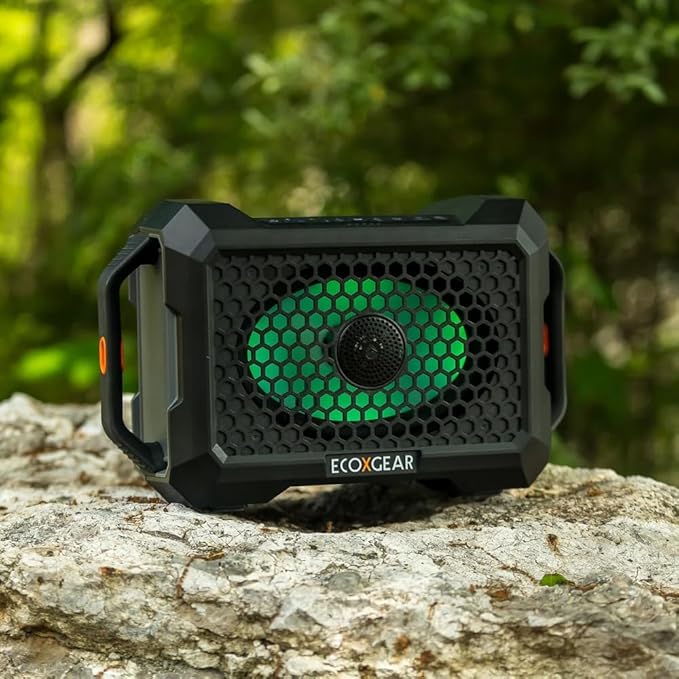 ECOXGEAR Defender: Outdoor Portable Bluetooth Speaker, 121dB Massive Sound, Waterproof and Drop Proof, with LED Party Lights, Pair up to 100, 25+ Hours Playtime (Black Oak)
