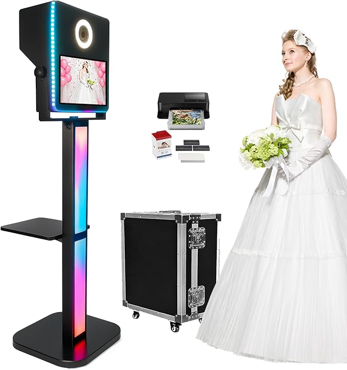 Photo Booth with Printer, Portable Selfie Photobooth Machine 15.6-in Mirror Touch Screen for Events Wedding Birthday School Party Rental RGB Lights Stand (Black Color+ Printer No Camera)