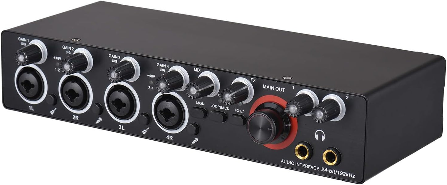 4 Channels Sound Card Computer Audio Interface, 4-in 4-out for Professional Recording of Live Streaming Karaoke, Driver Free USB Audio Interface