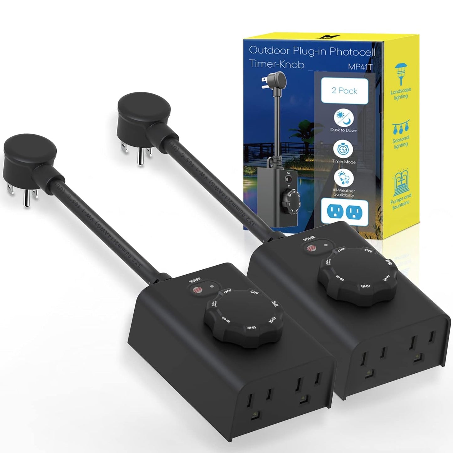 Minoston Outdoor Timer for Lights 2 Pack, Dusk Dawn Outdoor Timer Outlet 2, 4, 6, 8 Hour with 2 Grounded Outlets, Outdoor Light Timer Weatherproof for Halloween Christmas Light, ETL Listed, (MP41T)