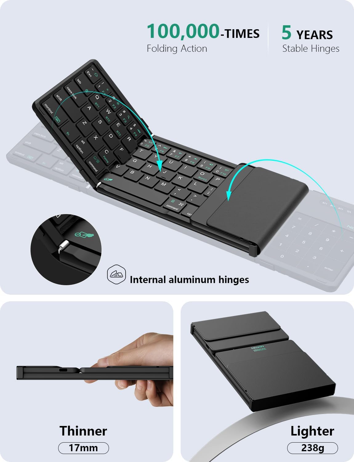 Nillkin Foldable Bluetooth Keyboard with Touchpad & Number Pad, Portable Bluetooth Keyboard with Full Size Keys, Pocket-Sized Wireless Travel Keyboards for iPad, Smartphone, Tablet and Laptop Black