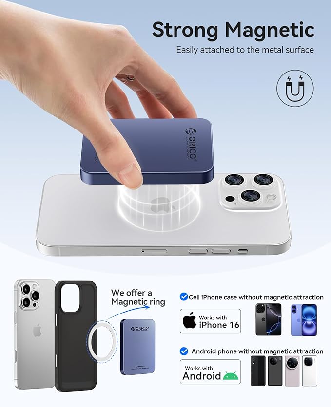 ORICO 1TB Magnetic External SSD, Aluminum Alloy, Up to 460MB/s, External Solid State Drive, Expand Storage for iPhone 17 Pro Max, Compatible w/MagSafe, USB-C Smartphones - K5MINI Blue