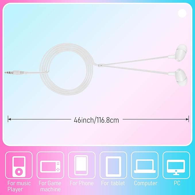 Macarrie 200 Pack Earbuds Bulk Earphones 3.5 mm Classroom Headphones for Adult Assorted Colors Earbud Wired Earphone Without Mic for Adult Office Home Individually Bagged(White)