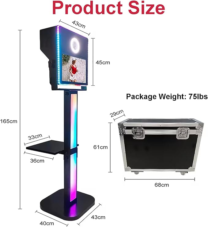 Photo Booth with Printer, Portable Selfie Photobooth Machine 15.6-in Mirror Touch Screen for Events Wedding Birthday School Party Rental RGB Lights Stand (Black Color+ Printer No Camera)
