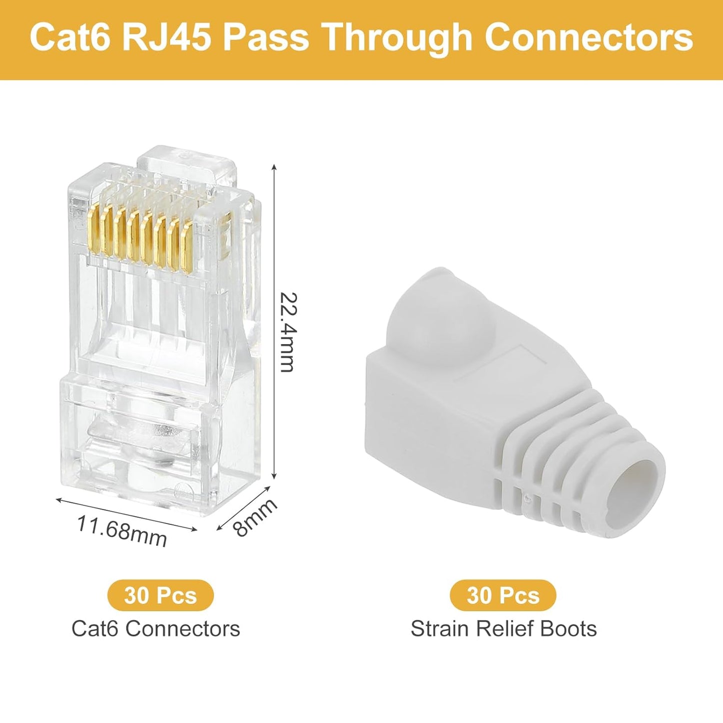 MECCANIXITY 30pcs Cat6 RJ45 Pass Through Connectors, RJ45 Connector 8P8C Gold Plated Plugs with 30pcs Light Grey Strain Relief Boots for Solid or Stranded UTP Ethernet Cable, 1.1mm