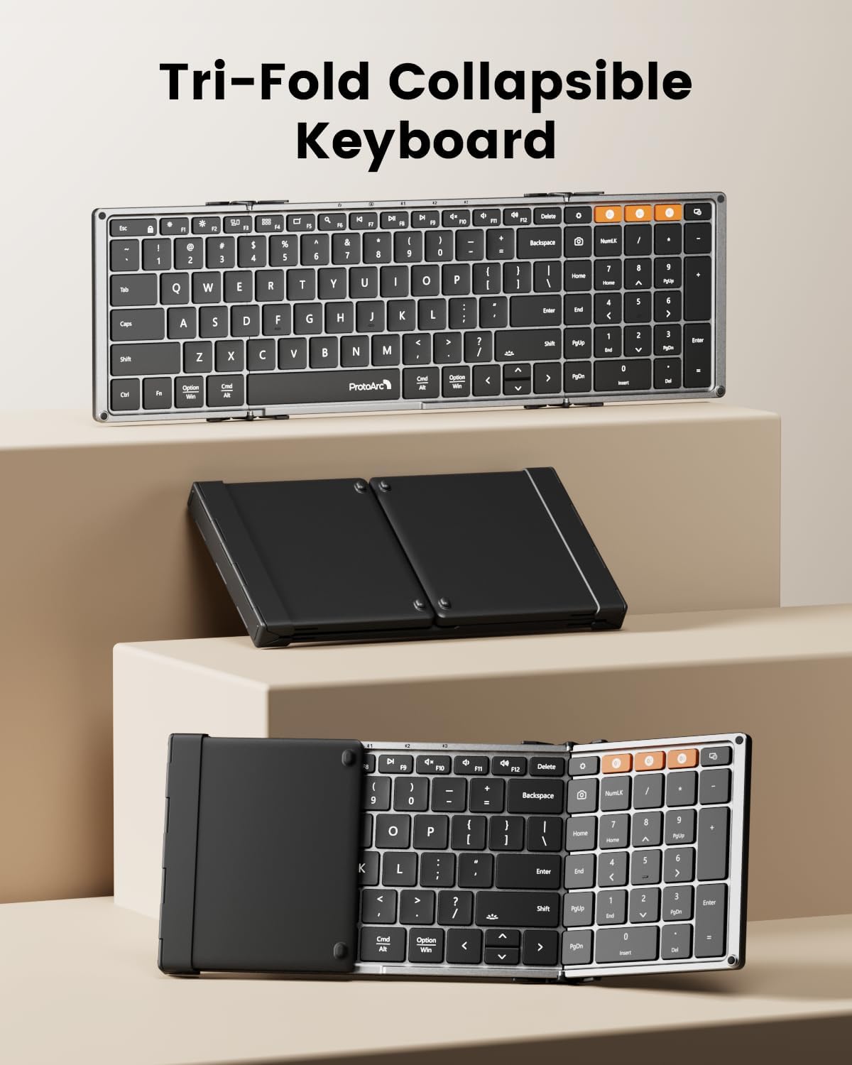 ProtoArc Backlit Foldable Keyboard, XK01 Plus Folding Portable Bluetooth Keyboard for Travel, True Full Size External Wireless Keyboards with Backlight for iPad Tablet Smartphone Laptop PC