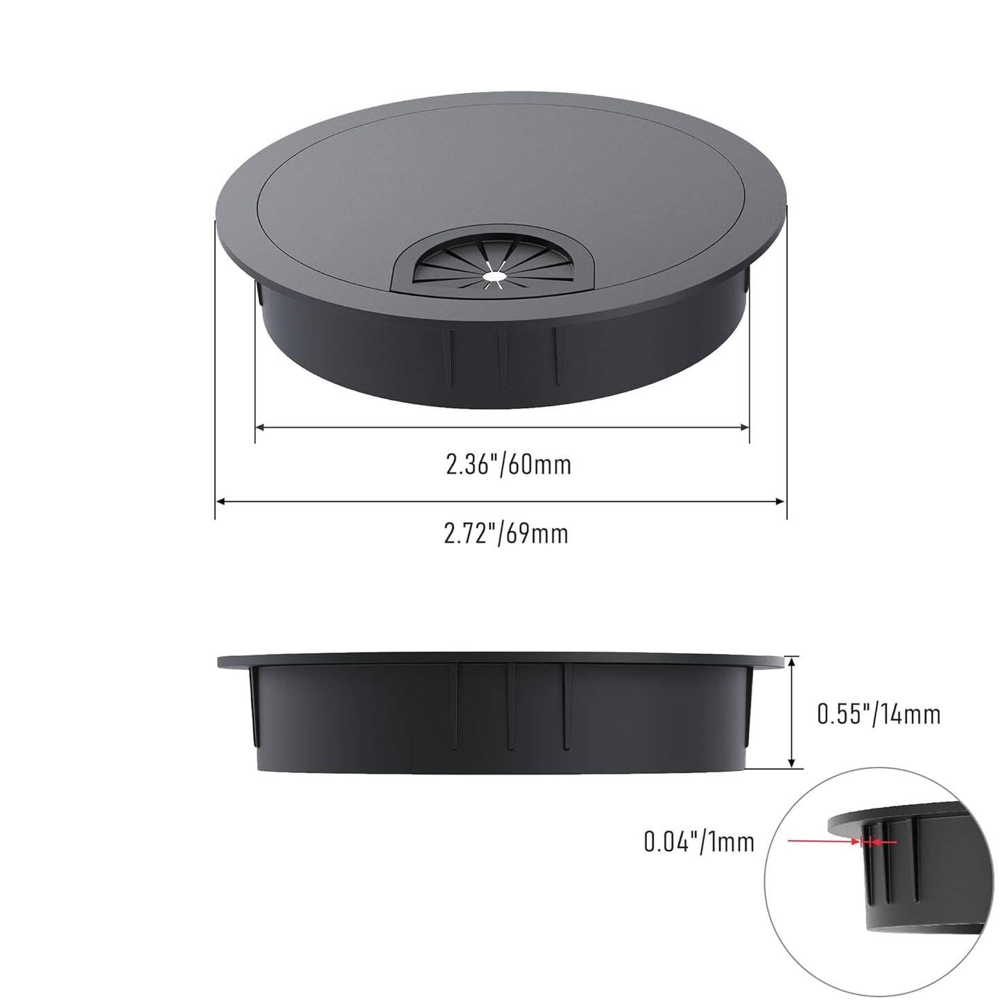 2 Pack Desk Grommet 2-3/8 Inch 60mm, Zinc Alloy Computer Desk Wire Hole Cover, Office Desktop Cord Cable Hole Metal Ring, Black