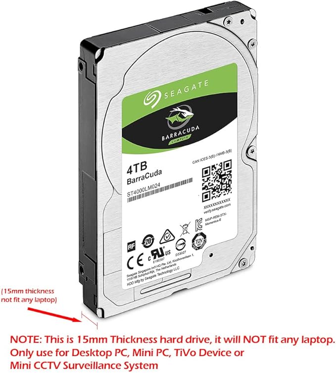 Seagate BarraCuda Internal Hard Drive 4TB SATA 6Gb/s 128MB Cache 2.5-Inch 15mm (ST4000LM024) (Renewed),Mechanical Hard Disk