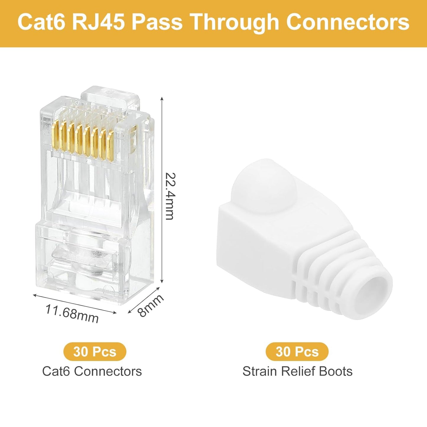 MECCANIXITY 30pcs Cat6 RJ45 Pass Through Connectors, RJ45 Connector 8P8C Gold Plated Plugs with 30pcs White Strain Relief Boots for Solid or Stranded UTP Ethernet Cable, 1.1mm