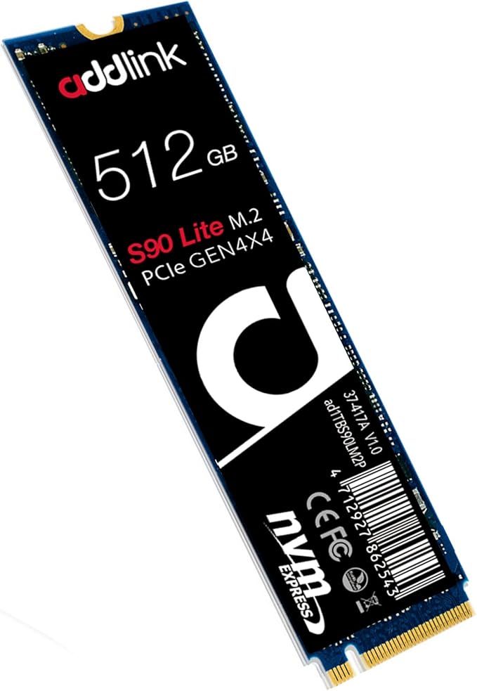 Addlink S90 Lite 512GB NVMe 4.0 Gen4 PCIe M.2 3D NAND Internal Gaming SSD - Read Speed up to 5000 MB/s (ad512GBS90LTM2P)