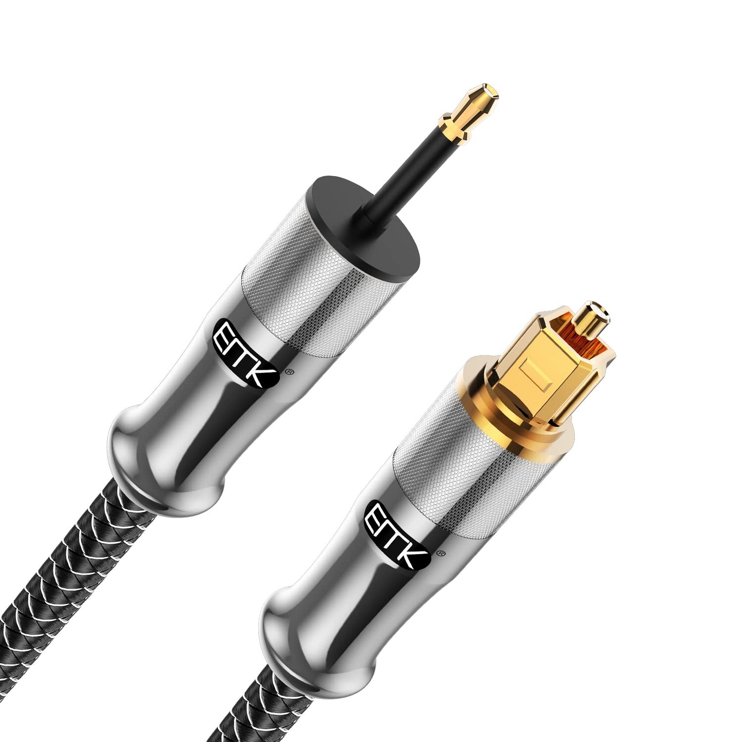 EMK 24K Gold-Plated Toslink to Mini Toslink Cable (6ft/2M) - Digital Optical Audio Cable with 3.5mm Mini Plug for Soundbar, Home Theater, TV - Silver SPDIF Fiber Optic Cable