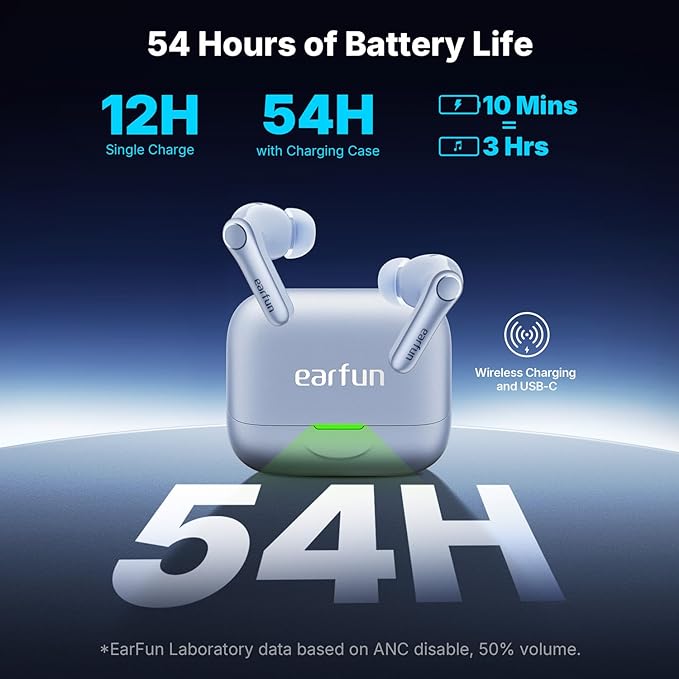 EarFun Air Pro 4+ Adaptive Noise Cancelling Wireless Earbuds, Qualcomm aptX Lossless, Dual Drivers, Translation Earbuds, Snapdragon Sound, 6 Mics AI Clear Call, Hi-Res Sound, Bluetooth 6.0, 54H, Blue