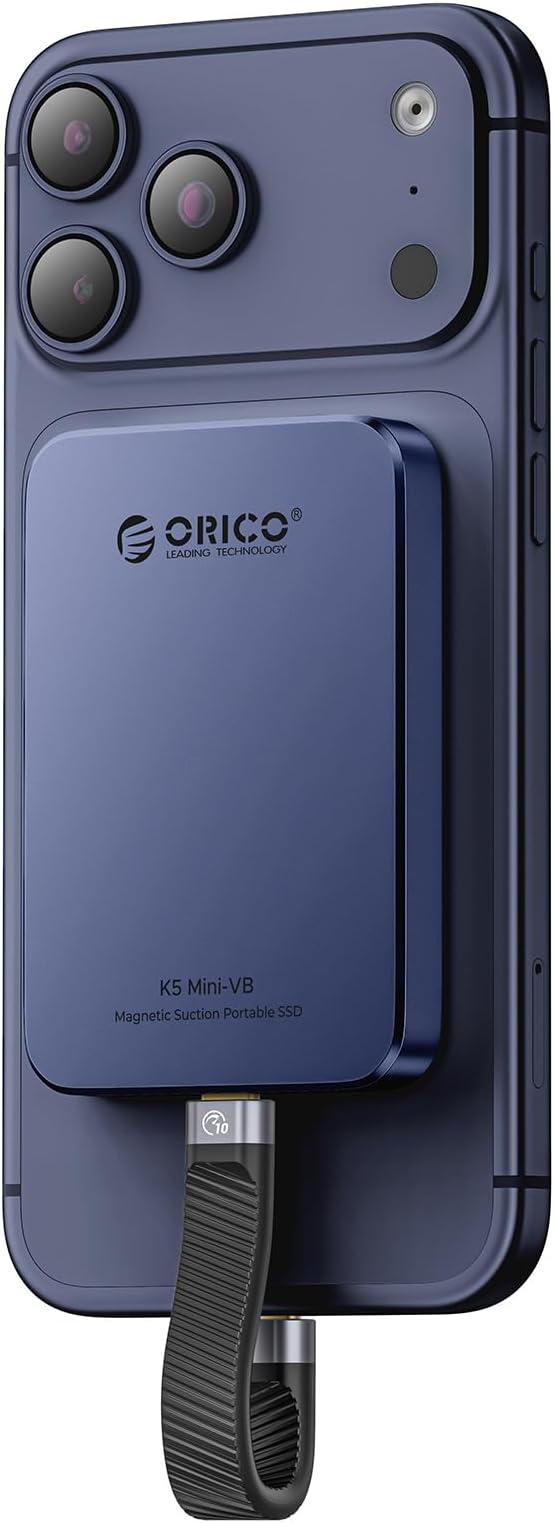 ORICO 1TB Magnetic External SSD, Aluminum Alloy, Up to 460MB/s, External Solid State Drive, Expand Storage for iPhone 17 Pro Max, Compatible w/MagSafe, USB-C Smartphones - K5MINI Blue