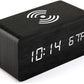 OCT17 Alarm Clock with Qi Wireless Charging Pad Compatible with iPhone Samsung Wood LED Digital Clock Sound Control Function, Time Date, Temperature Display for Bedroom Office Home - Black