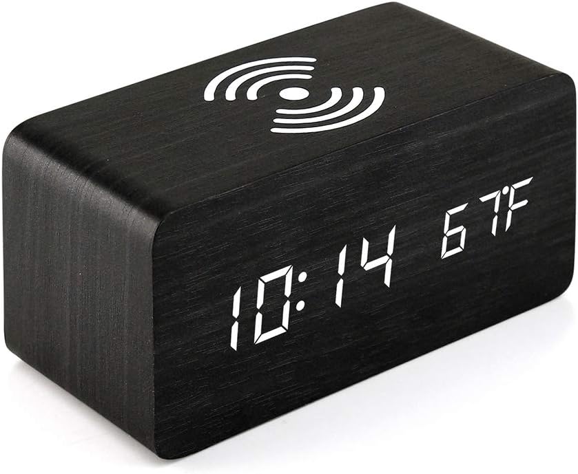 OCT17 Alarm Clock with Qi Wireless Charging Pad Compatible with iPhone Samsung Wood LED Digital Clock Sound Control Function, Time Date, Temperature Display for Bedroom Office Home - Black