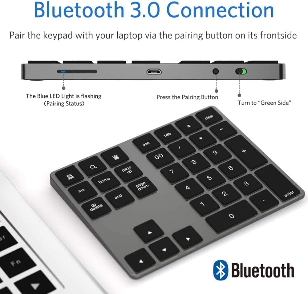 Bluetooth Number Pad, Wireless Numeric Keypad, USB-C Rechargeable External 34-Keys Numpad, Financial Data Entry Keyboard for iMac, MacBook Air/Pro, PC Desktop, Laptop Notebook
