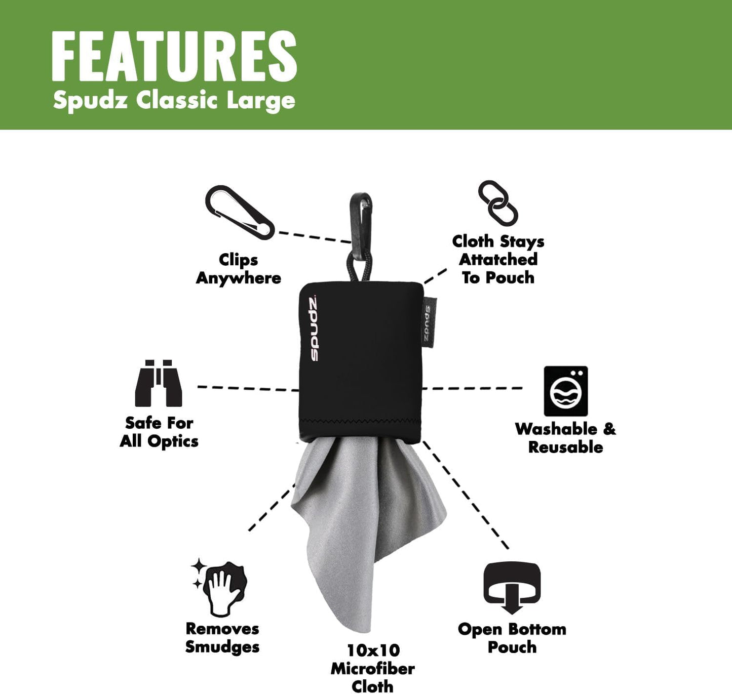 SPUDZ Classic Microfiber Lens Cleaner – Clip-On Pouch, Washable – for Binoculars, Scopes, Glasses, Screens | Blaze Orange, 10 x 10 Inch