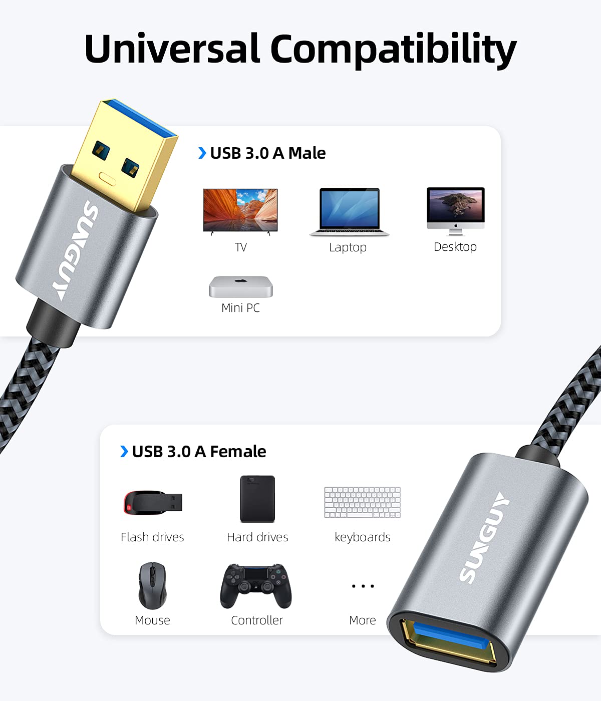 SUNGUY 5Gbps USB 3.0 Extension Cable, 1FT USB A Male to Female Extender Cord, Braided High Data Transfer Compatible with Xbox, Hard Drive, Webcam, USB Keyboard, Mouse, Flash Drive, Oculus VR